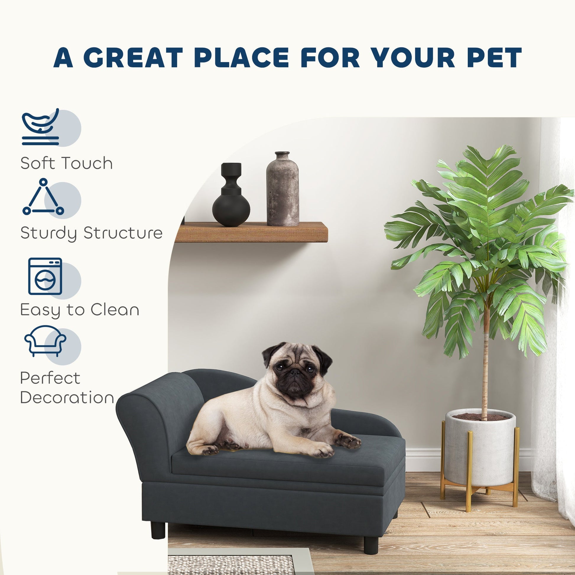JMT-738250 Pet Sofa Bed with Storage for Cats and Small Dogs - Dark Gray, Cushioned Design, Eucalyptus Wood Frame