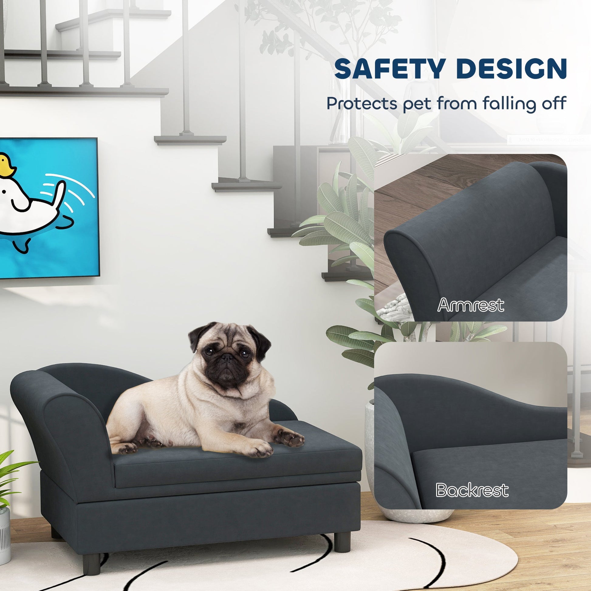 JMT-738250 Pet Sofa Bed with Storage for Cats and Small Dogs - Dark Gray, Cushioned Design, Eucalyptus Wood Frame
