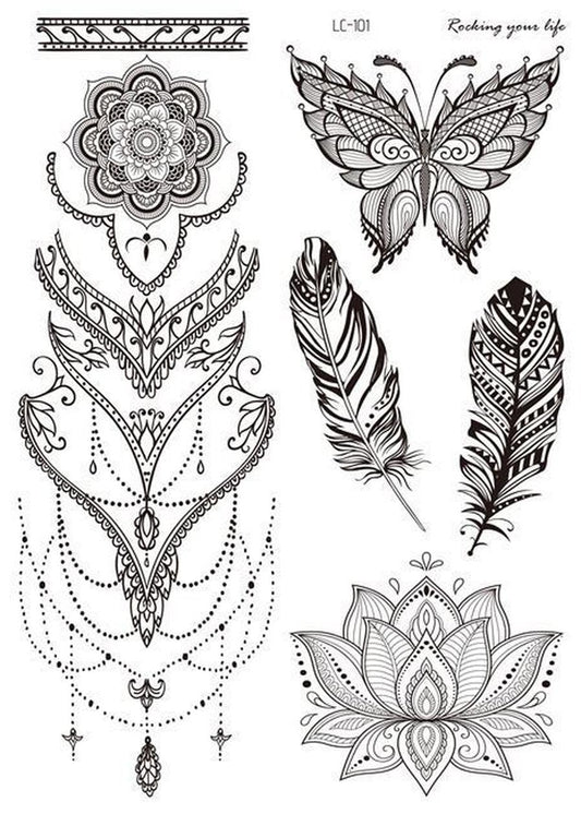 JMT-738250 Water Transfer Geometry Henna Tattoo Sticker - Assorted Patterns LC-101 to LC-109, 210 x 150mm