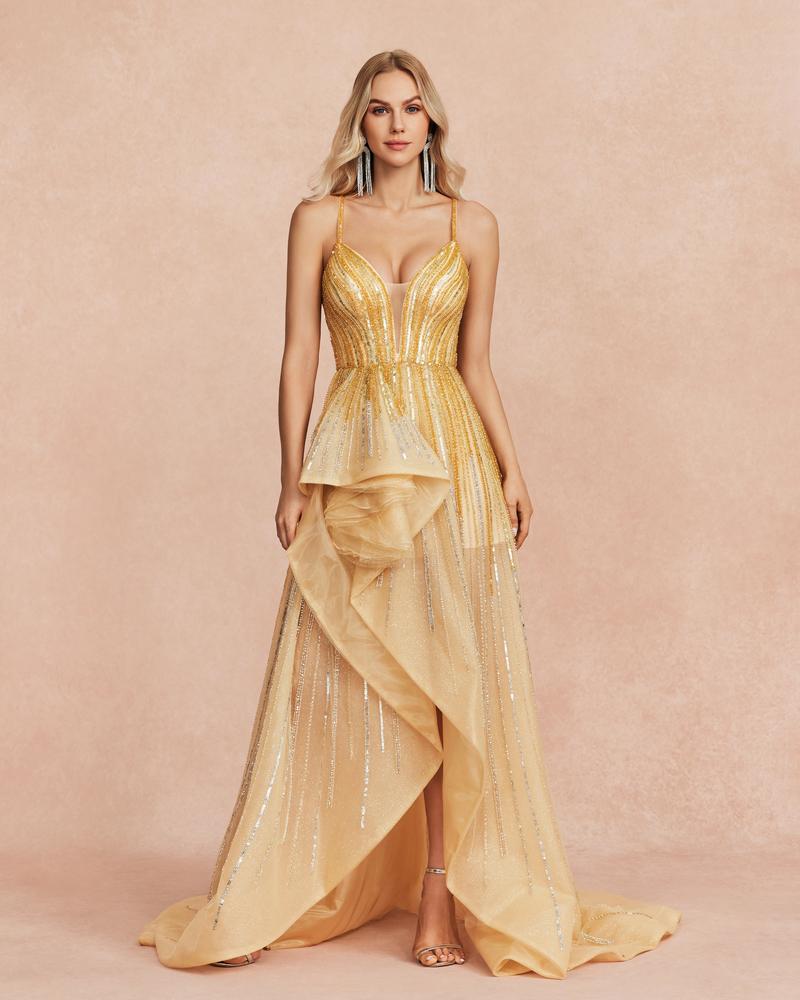 JMT-739338 Elegant Golden Evening Dress for Women - Stylish Formal Wear for Special Occasions