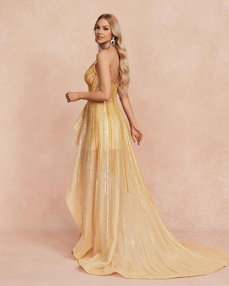 JMT-739338 Elegant Golden Evening Dress for Women - Stylish Formal Wear for Special Occasions