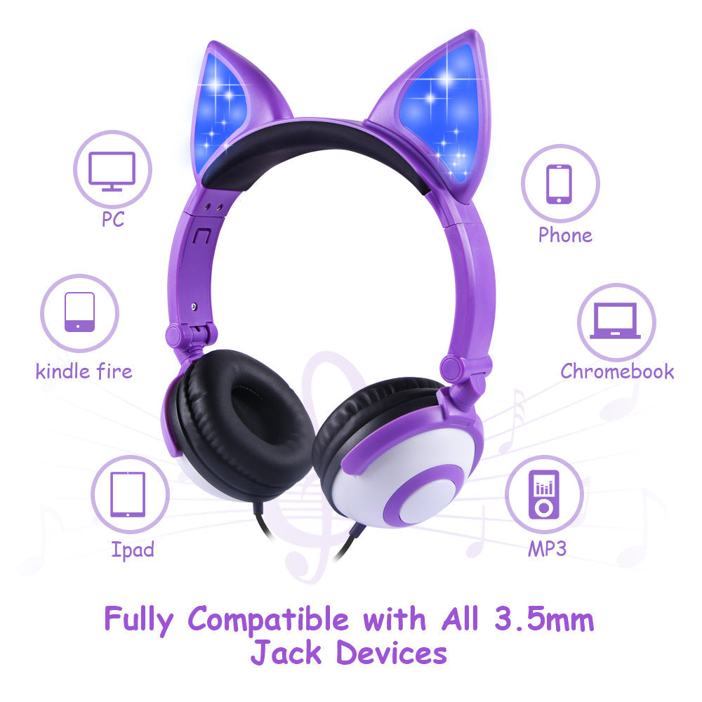 JMT-739594 LED Cat Ear Headphones with Flashing Lights for MP3, Tablet, and 3.5mm Devices