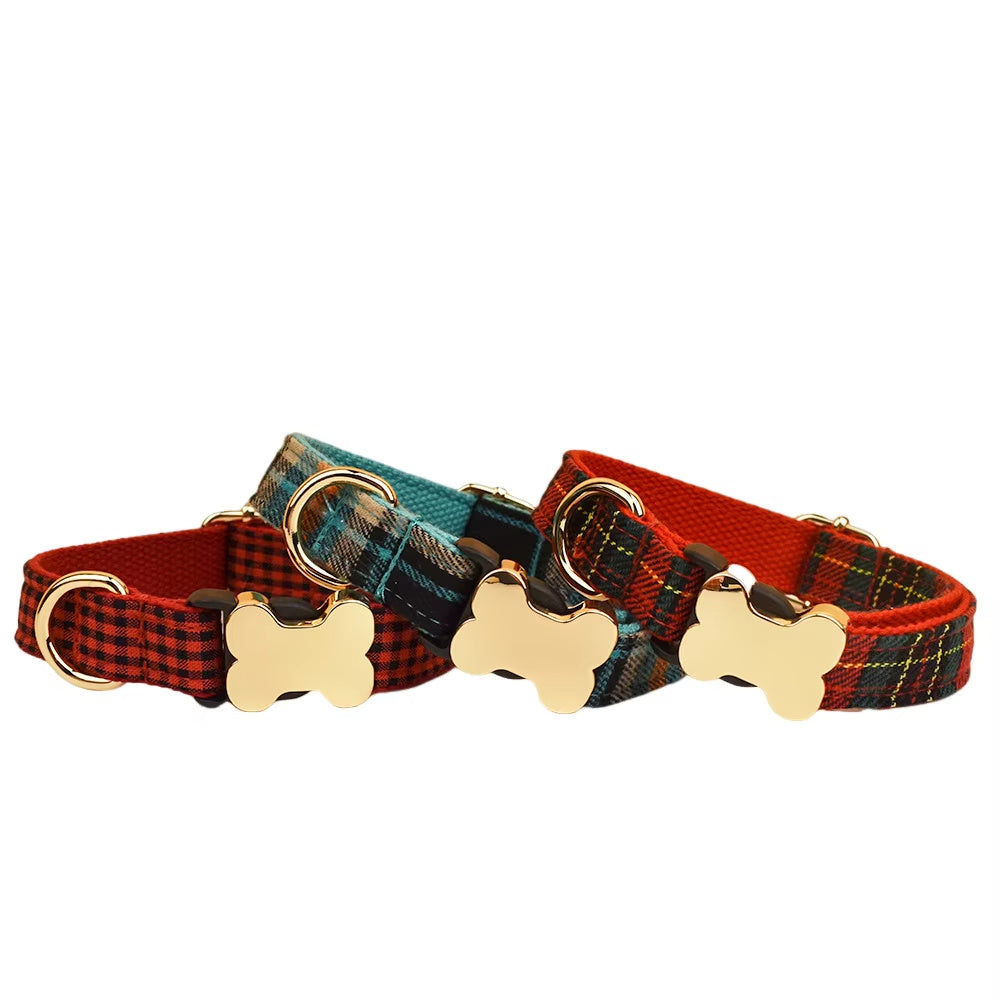 JMT-741066 Nylon Printed Grid Design Dog Collar with Bone Buckle