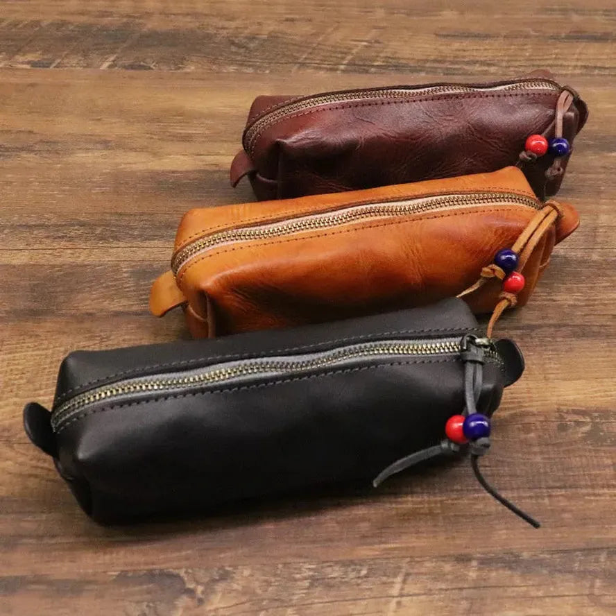 JMT-742922 Handmade Cowhide Large Capacity Zipper Storage Bag for Glasses and Accessories