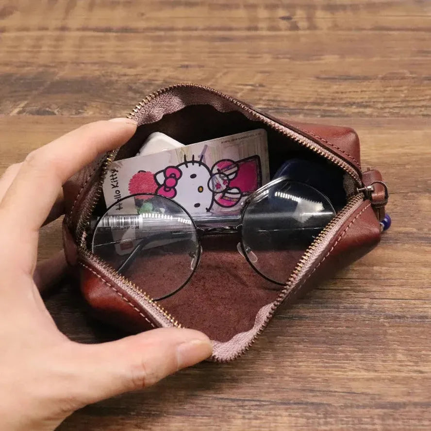 JMT-742922 Handmade Cowhide Large Capacity Zipper Storage Bag for Glasses and Accessories