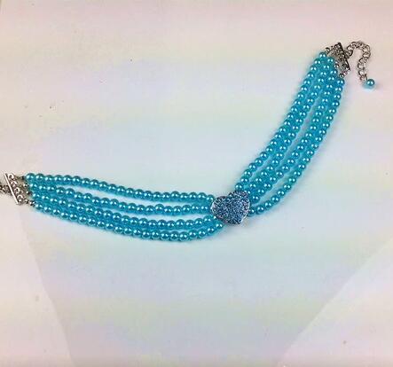 JMT-744202 Heart-Shaped Pet Collar with Four Rows of Pearls and Rhinestones, Available in Multiple Colors and Sizes