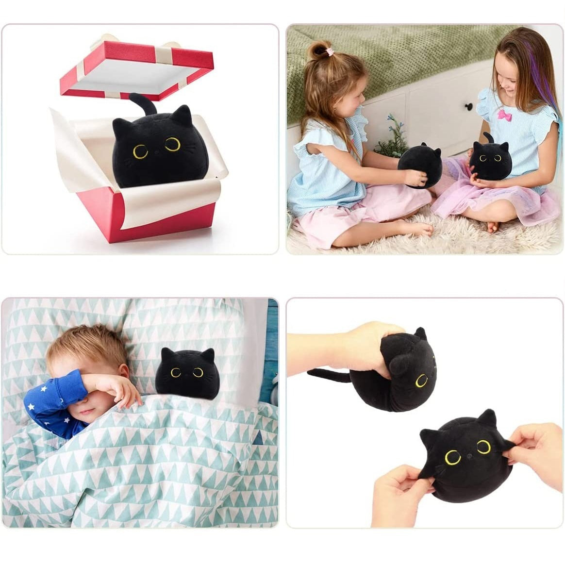 JMT-744522 Fluffy Black Cat Plush Toy - Soft Stuffed Animal Cushion for Home Decor and Kids' Gifts