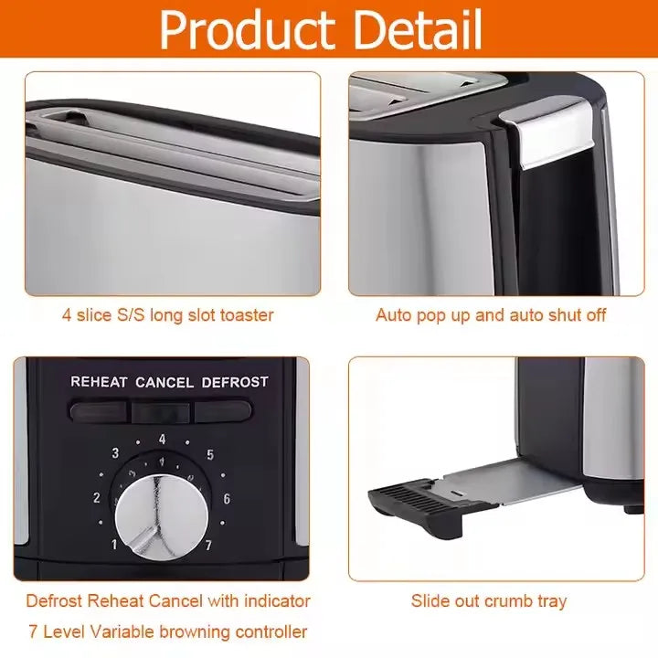 JMT-744650 1400W Long Slot Retro Toaster - Fits Anywhere, 2 Slice Bread Toaster