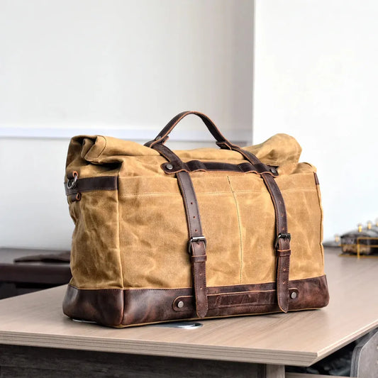 JMT-745098 Large Capacity Waterproof Travel Bag with Oil Wax Canvas and Crazy Horse Cowhide Accents