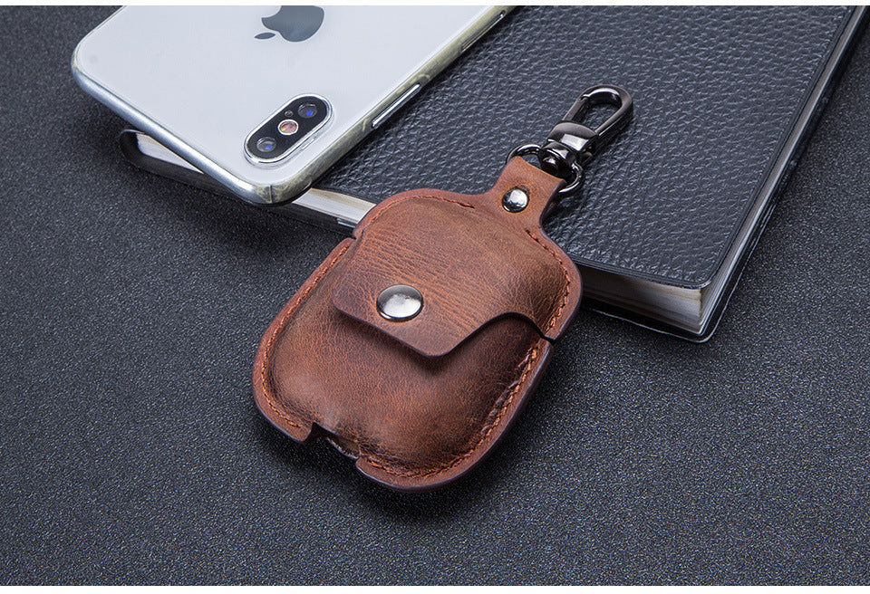 JMT-745354 Leather AirPods Cover with Keychain Attachment, Compatible with iPhone Models, Includes Charging Hole