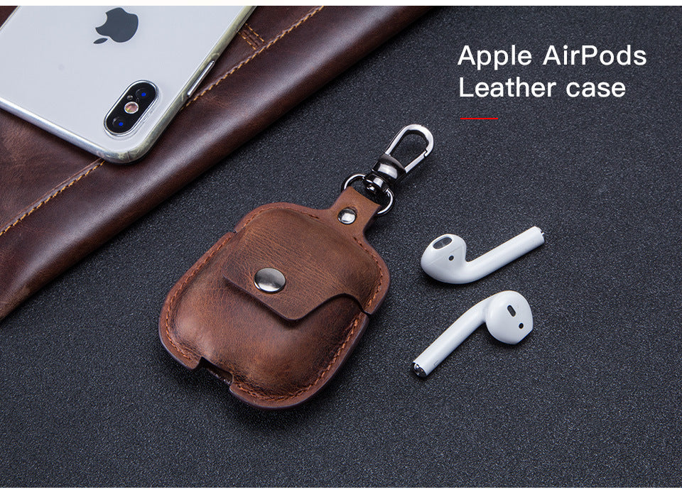 JMT-745354 Leather AirPods Cover with Keychain Attachment, Compatible with iPhone Models, Includes Charging Hole
