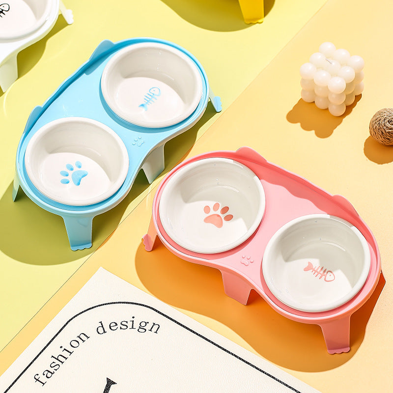 JMT-746826 Elevated Tilted Ceramic Cat Food and Water Bowl Set with Stand for Comfortable Feeding