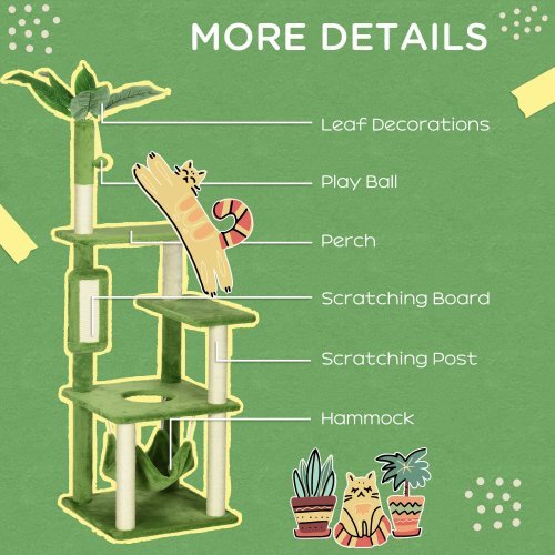 JMT-747018 Indoor Cat Tree with Hammock, Scratching Post, Platforms, and Anti-tipping Device - Green, 56 inches