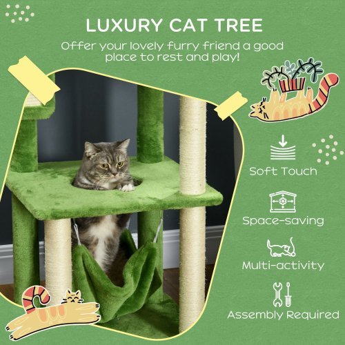 JMT-747018 Indoor Cat Tree with Hammock, Scratching Post, Platforms, and Anti-tipping Device - Green, 56 inches