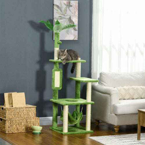JMT-747018 Indoor Cat Tree with Hammock, Scratching Post, Platforms, and Anti-tipping Device - Green, 56 inches