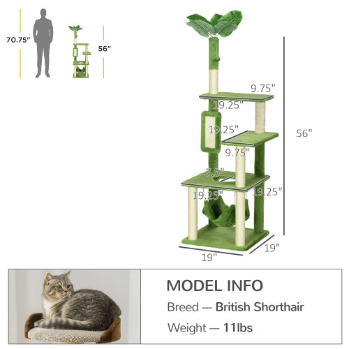 JMT-747018 Indoor Cat Tree with Hammock, Scratching Post, Platforms, and Anti-tipping Device - Green, 56 inches