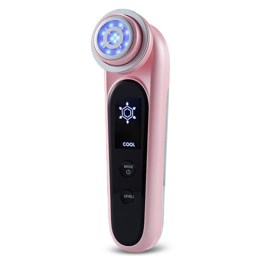 JMT-747402 EMS Microcurrent Beauty Device with RF, Vibration, and LED Light Therapy in Pink and White
