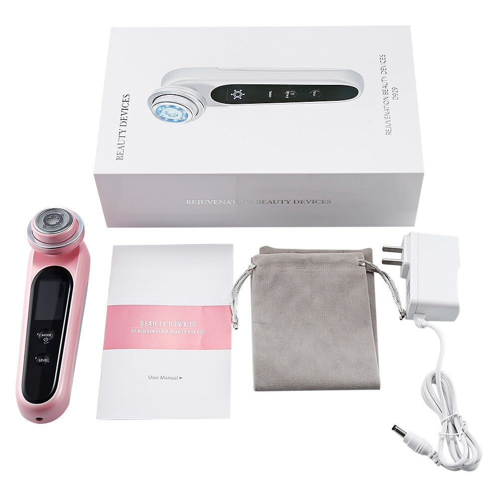 JMT-747402 EMS Microcurrent Beauty Device with RF, Vibration, and LED Light Therapy in Pink and White