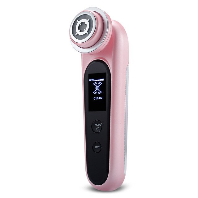 JMT-747402 EMS Microcurrent Beauty Device with RF, Vibration, and LED Light Therapy in Pink and White