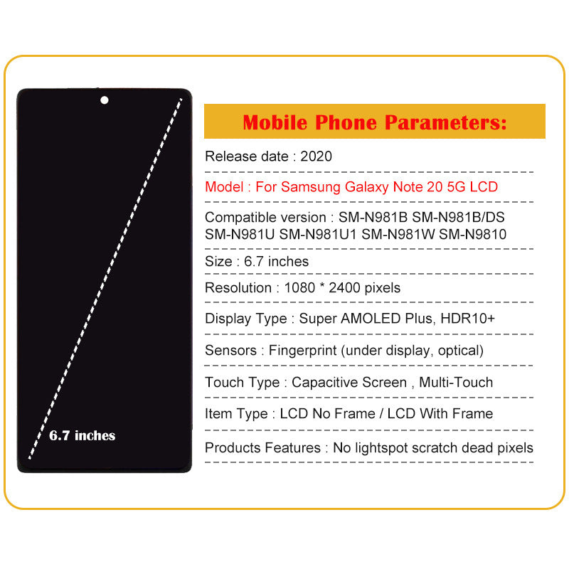JMT-748170 Integrated LCD Display for Note20 5G - 1080x2400 Resolution, Capacitive Touch Screen