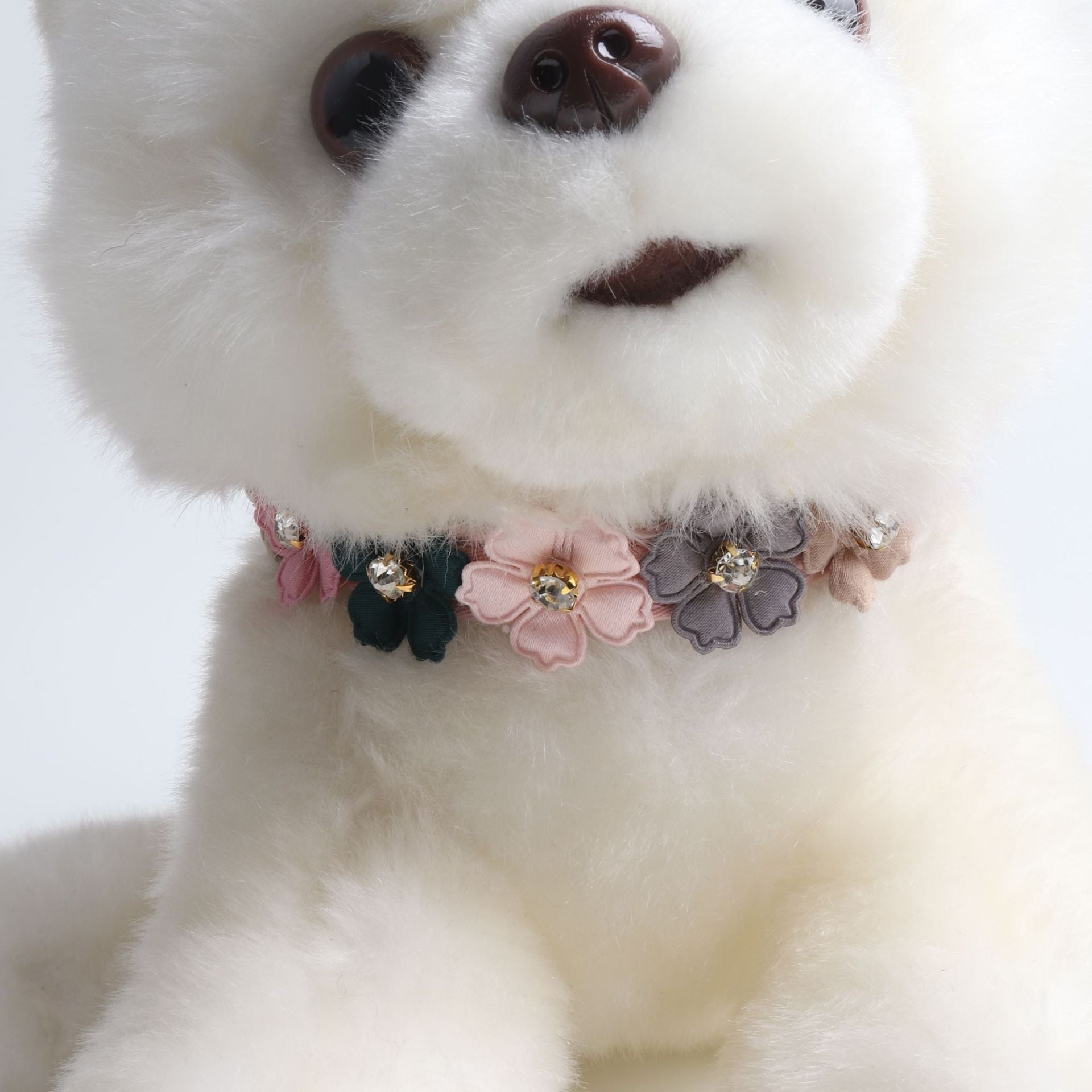JMT-749962 Flower Dog Collar with Rhinestones - PU Material, Available in Blue, Black, White & Pink, 1.3cm Width, Adjustable Length 34-42cm
