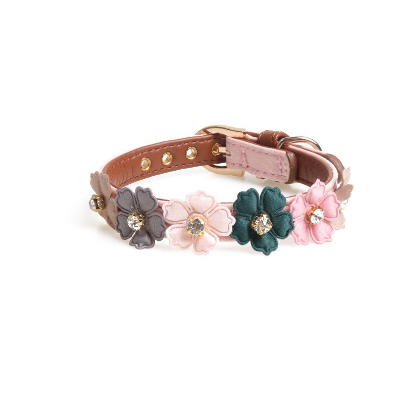 JMT-749962 Flower Dog Collar with Rhinestones - PU Material, Available in Blue, Black, White & Pink, 1.3cm Width, Adjustable Length 34-42cm