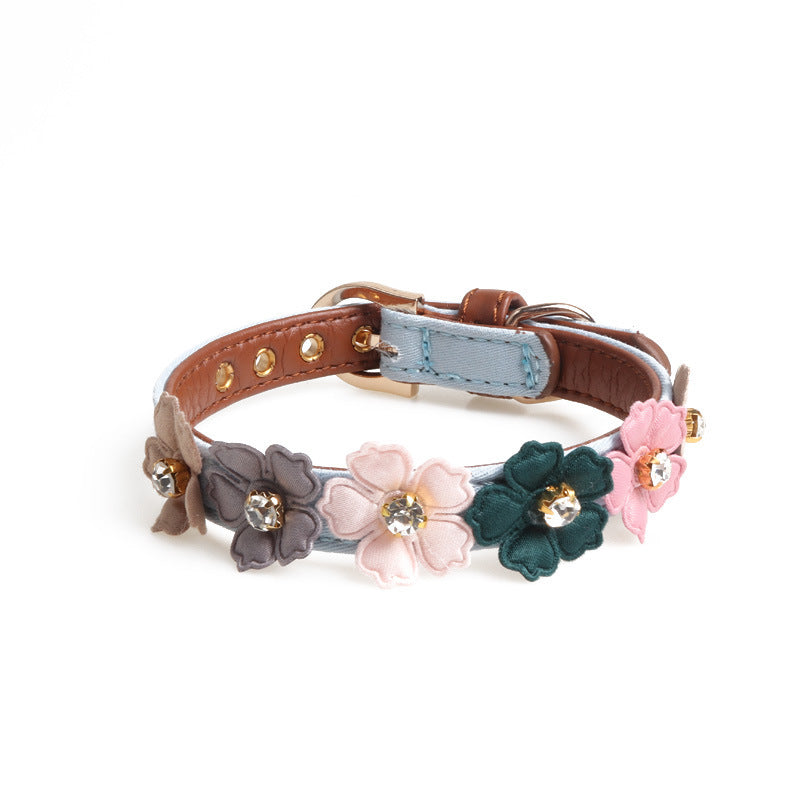 JMT-749962 Flower Dog Collar with Rhinestones - PU Material, Available in Blue, Black, White & Pink, 1.3cm Width, Adjustable Length 34-42cm