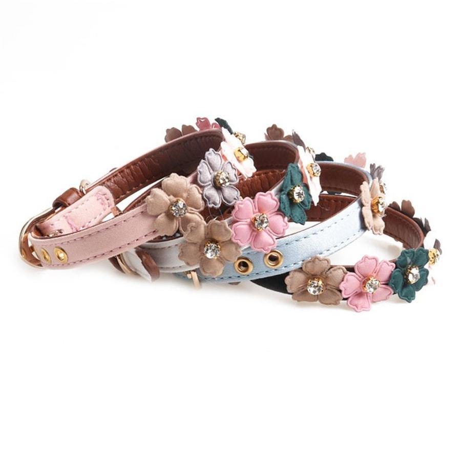 JMT-749962 Flower Dog Collar with Rhinestones - PU Material, Available in Blue, Black, White & Pink, 1.3cm Width, Adjustable Length 34-42cm