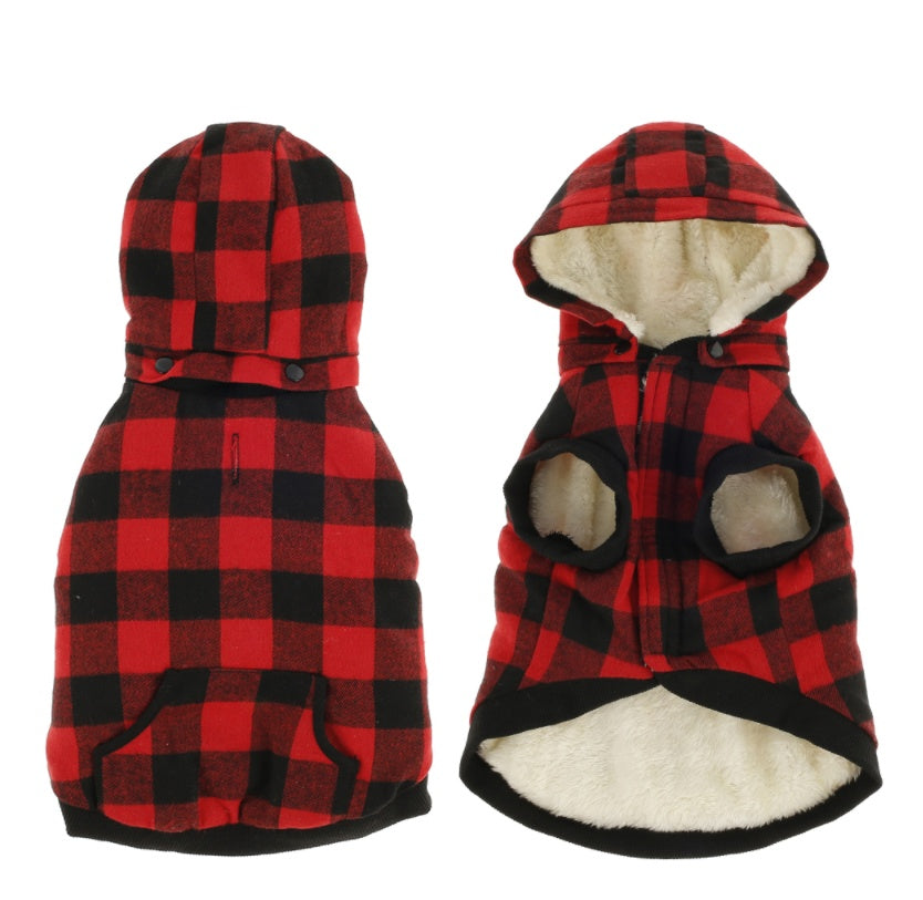 JMT-750218 Plaid Detachable Hooded Pet Jacket for Autumn and Winter – Quilted Cotton and Flannel Lining