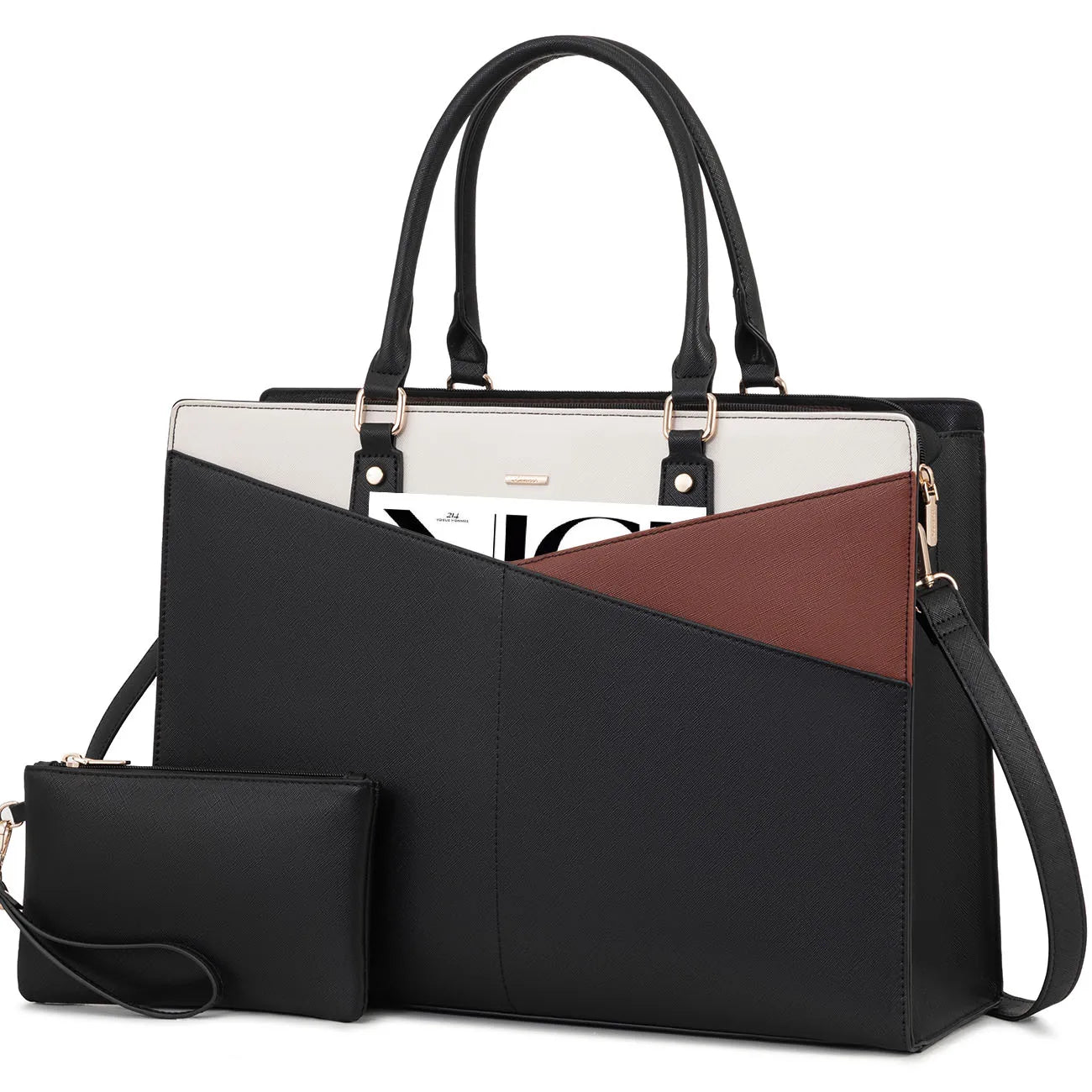 JMT-750282 Large PU Leather Work Tote Bag Set for Women, Dual Computer Briefcase and Shoulder Bag, Fits 15.6-Inch Laptops