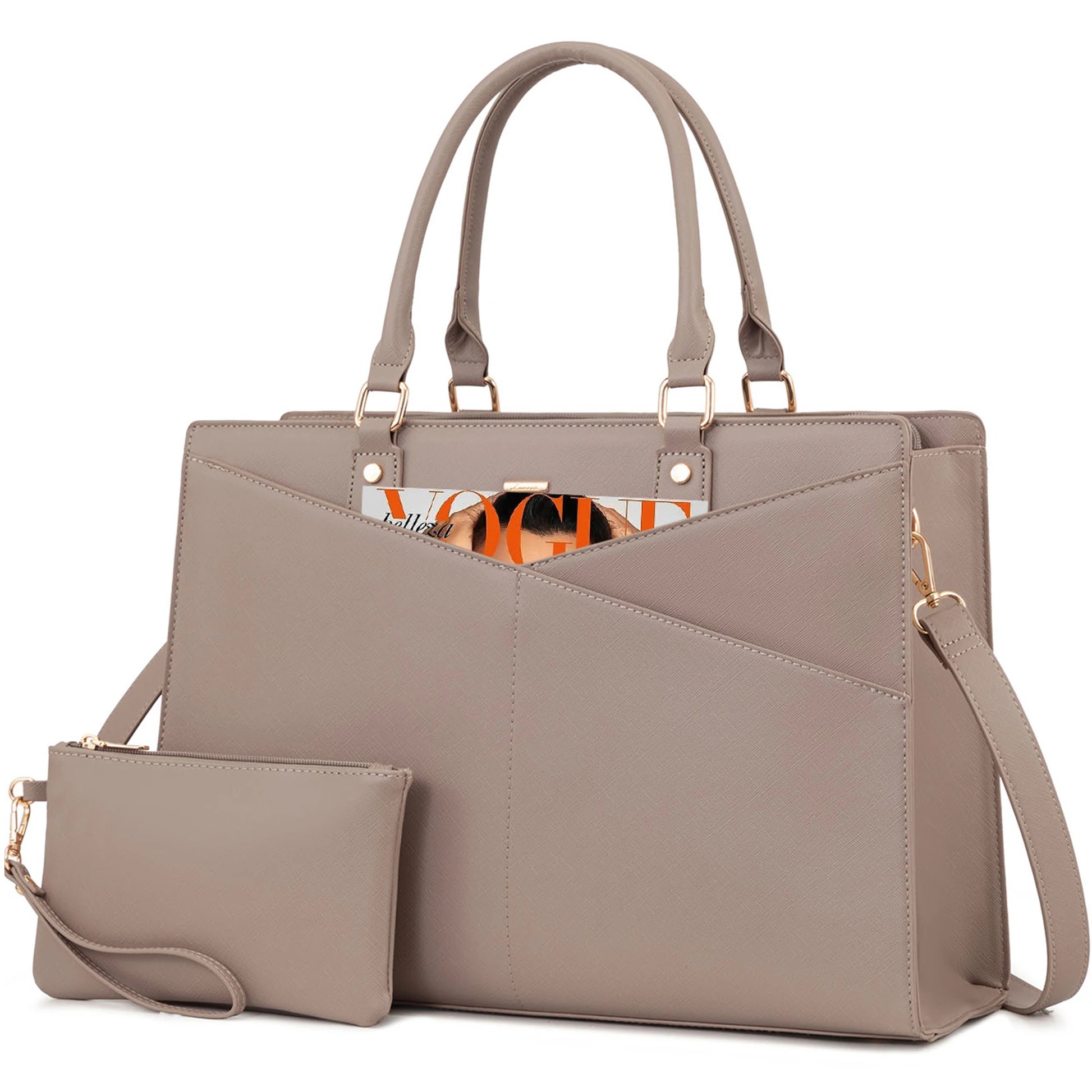 JMT-750282 Large PU Leather Work Tote Bag Set for Women, Dual Computer Briefcase and Shoulder Bag, Fits 15.6-Inch Laptops