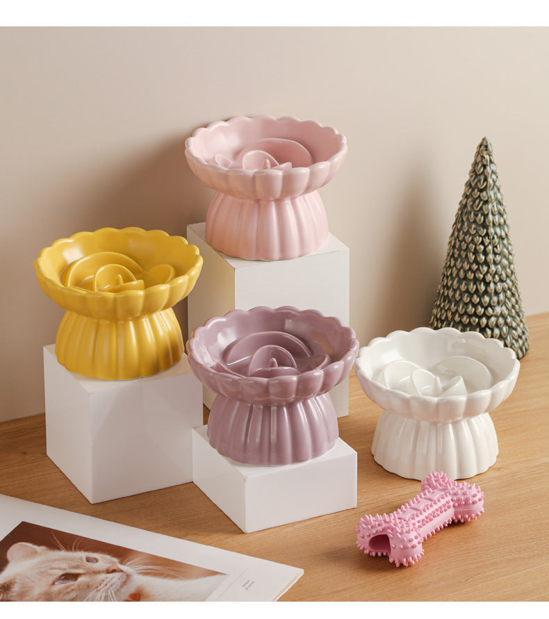 JMT-752778 Elevated Ceramic Pet Slow Feed Dish with Flower Pool Design for Cats and Small Dogs