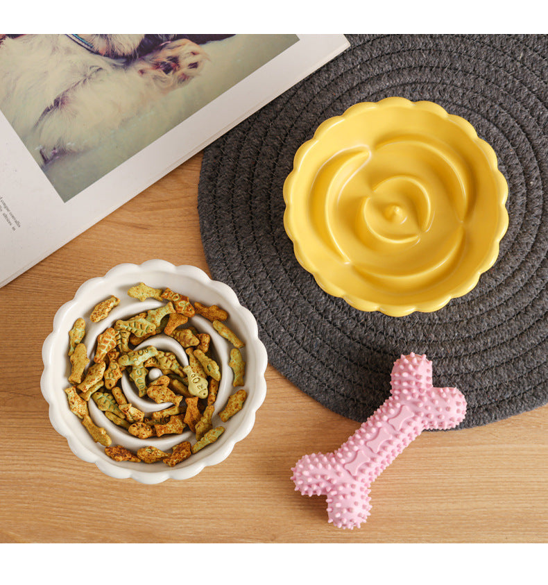JMT-752778 Elevated Ceramic Pet Slow Feed Dish with Flower Pool Design for Cats and Small Dogs