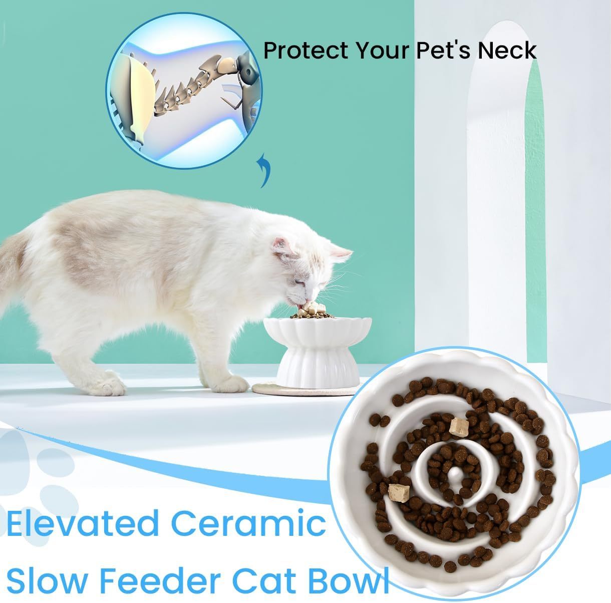 JMT-752778 Elevated Ceramic Pet Slow Feed Dish with Flower Pool Design for Cats and Small Dogs