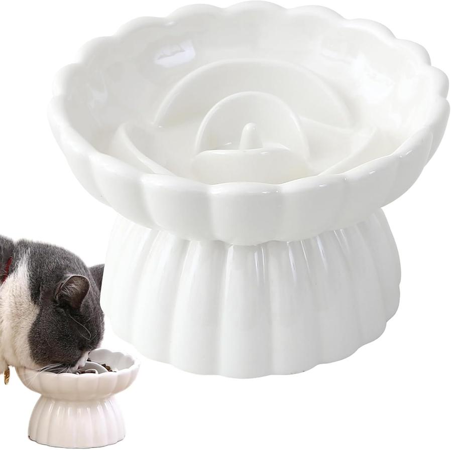 JMT-752778 Elevated Ceramic Pet Slow Feed Dish with Flower Pool Design for Cats and Small Dogs