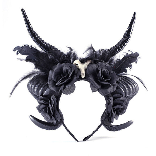 JMT-753290 Dark Antelope Horn Headdress with Black Flower Accent for Halloween Cosplay