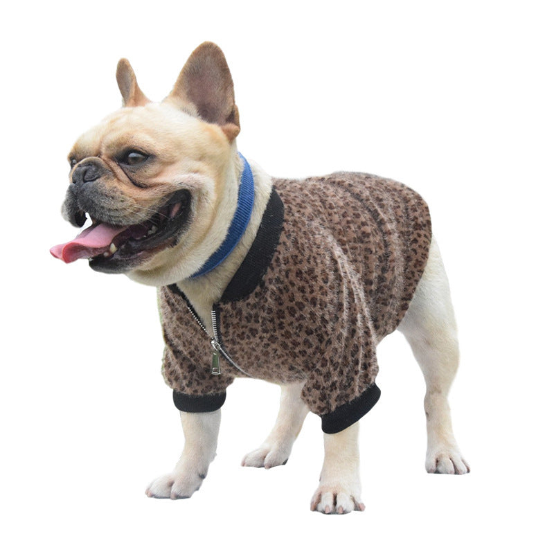 JMT-754378 Autumn Long-Sleeved Leopard Print Jacket for Dogs in Blue - Cozy Two-Legged Pet Coat