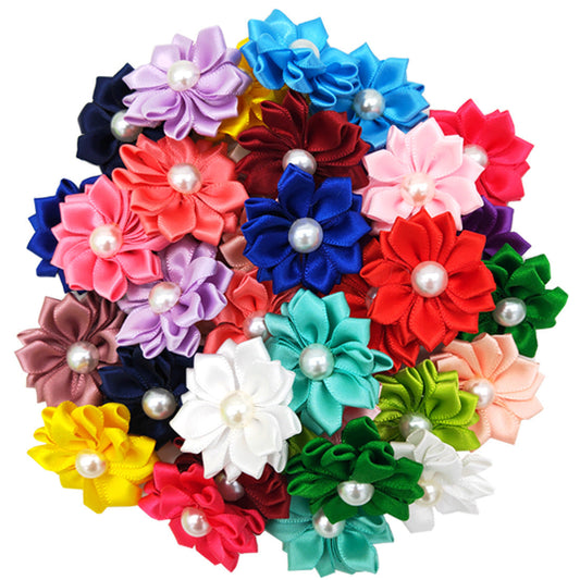 JMT-756874 Japanese and Korean Style Cloth Flower Bow Rubber Bands for Pet Decoration - 50 Pieces