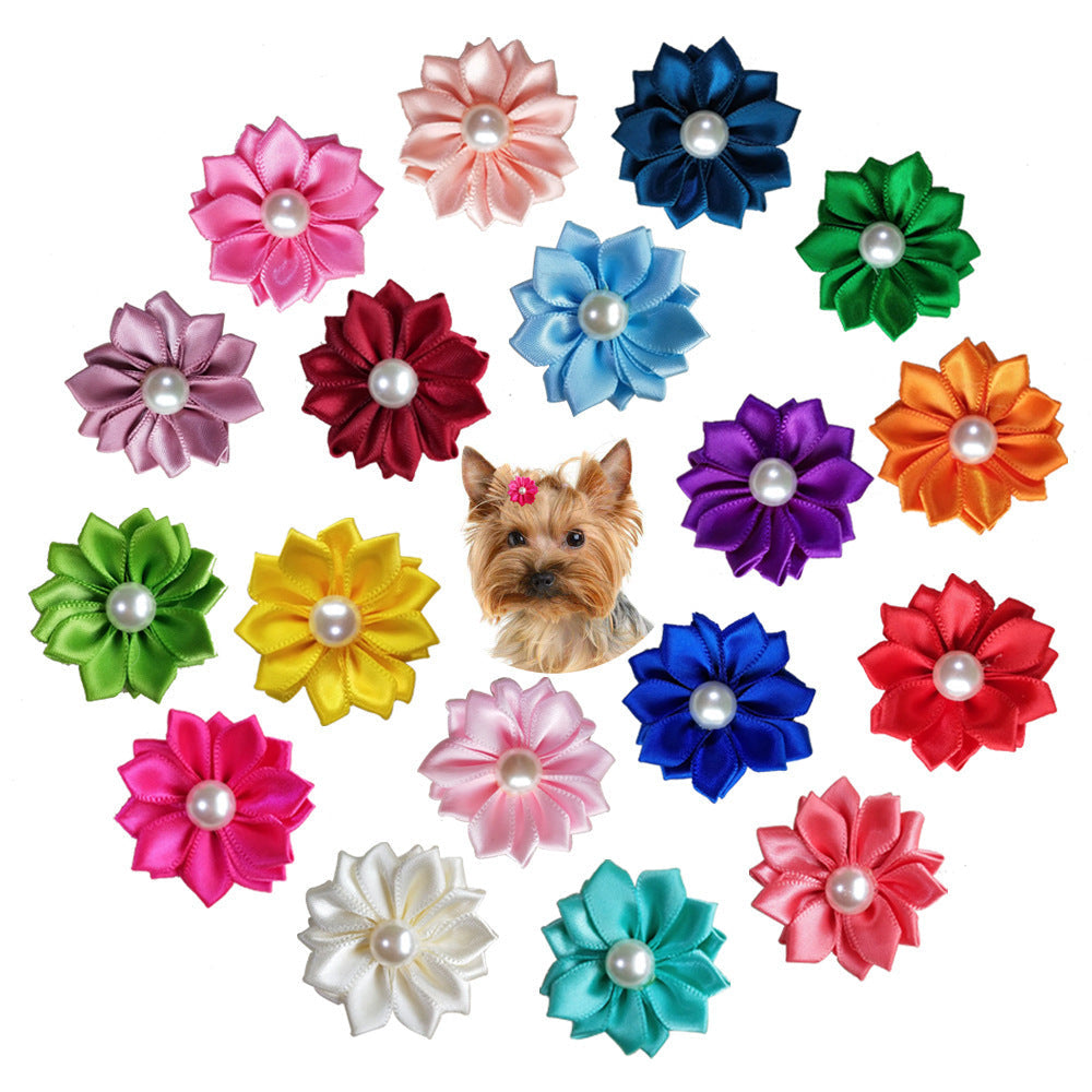 JMT-756874 Japanese and Korean Style Cloth Flower Bow Rubber Bands for Pet Decoration - 50 Pieces