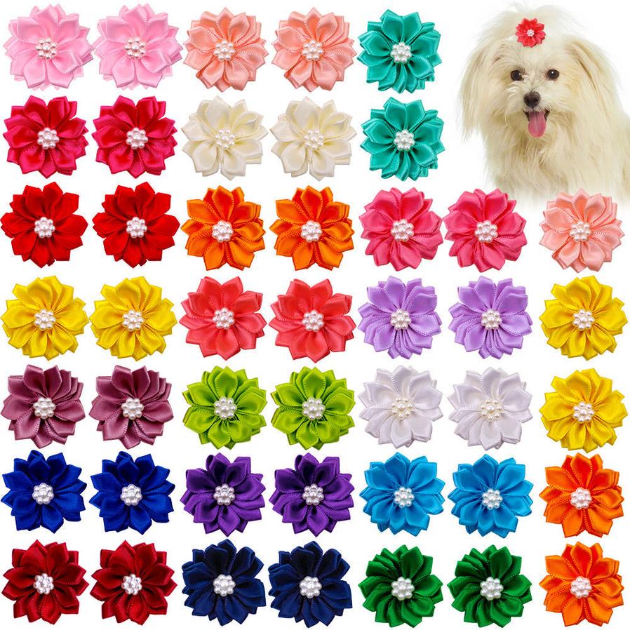 JMT-756874 Japanese and Korean Style Cloth Flower Bow Rubber Bands for Pet Decoration - 50 Pieces