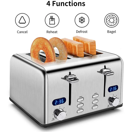 JMT-756874 Stainless Steel 4-Slice Electric Toaster with Digital Control for Versatile Breakfast Preparation