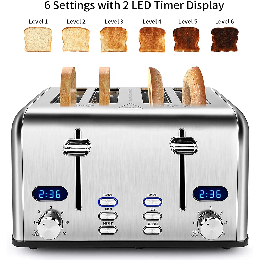 JMT-756874 Stainless Steel 4-Slice Electric Toaster with Digital Control for Versatile Breakfast Preparation