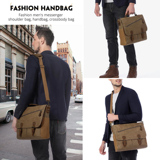 JMT-758026 Vintage Leather Laptop Messenger Satchel Bag for Work, Travel, and School - Waterproof Canvas Briefcase