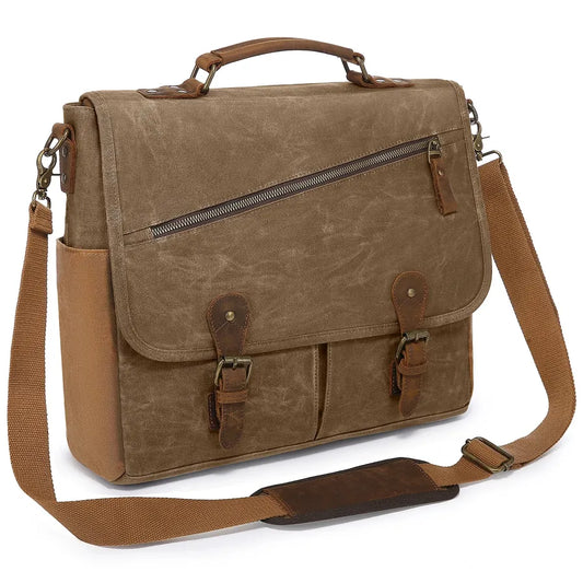 JMT-758026 Vintage Leather Laptop Messenger Satchel Bag for Work, Travel, and School - Waterproof Canvas Briefcase