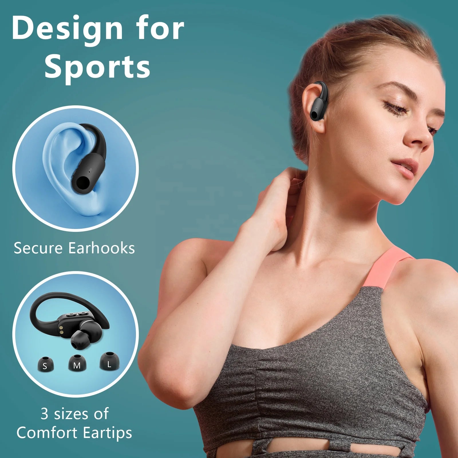 JMT-759690 Bluetooth 5.3 TWS Earbuds with Earhooks, 10 Hours Playtime, IPX7 Waterproof, Noise Reduction for Sports
