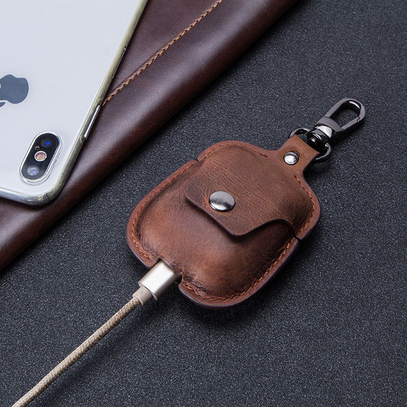 JMT-759690 Leather Earphone Case Keychain for iPhone Models - Portable Flip Design in Brown