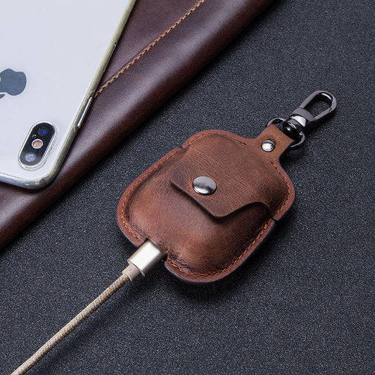 JMT-759690 Leather Earphone Case Keychain for iPhone Models - Portable Flip Design in Brown