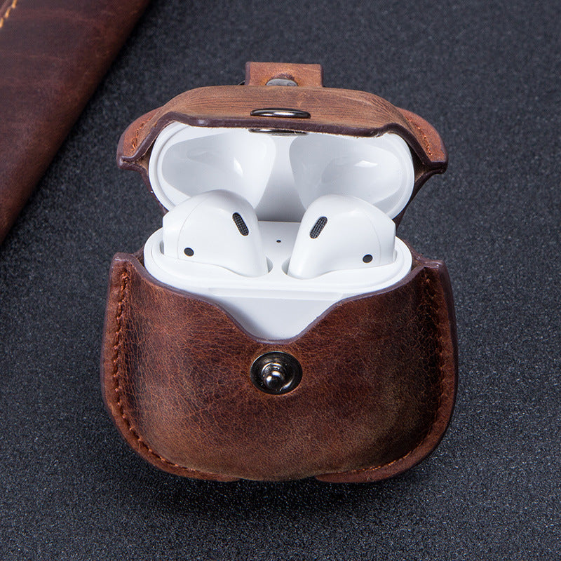 JMT-759690 Leather Earphone Case Keychain for iPhone Models - Portable Flip Design in Brown