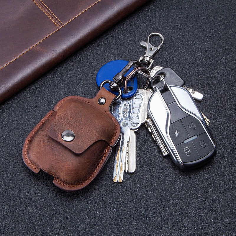 JMT-759690 Leather Earphone Case Keychain for iPhone Models - Portable Flip Design in Brown