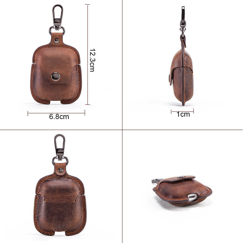 JMT-759690 Leather Earphone Case Keychain for iPhone Models - Portable Flip Design in Brown